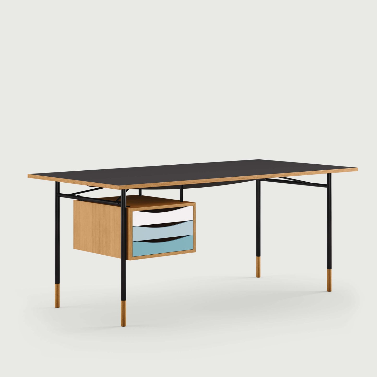 THE NYHAVN DESK W/ TRAY UNIT by House of Finn Juhl #Oak Dark Oil / Black Linoleum/Black / Cold Colours
