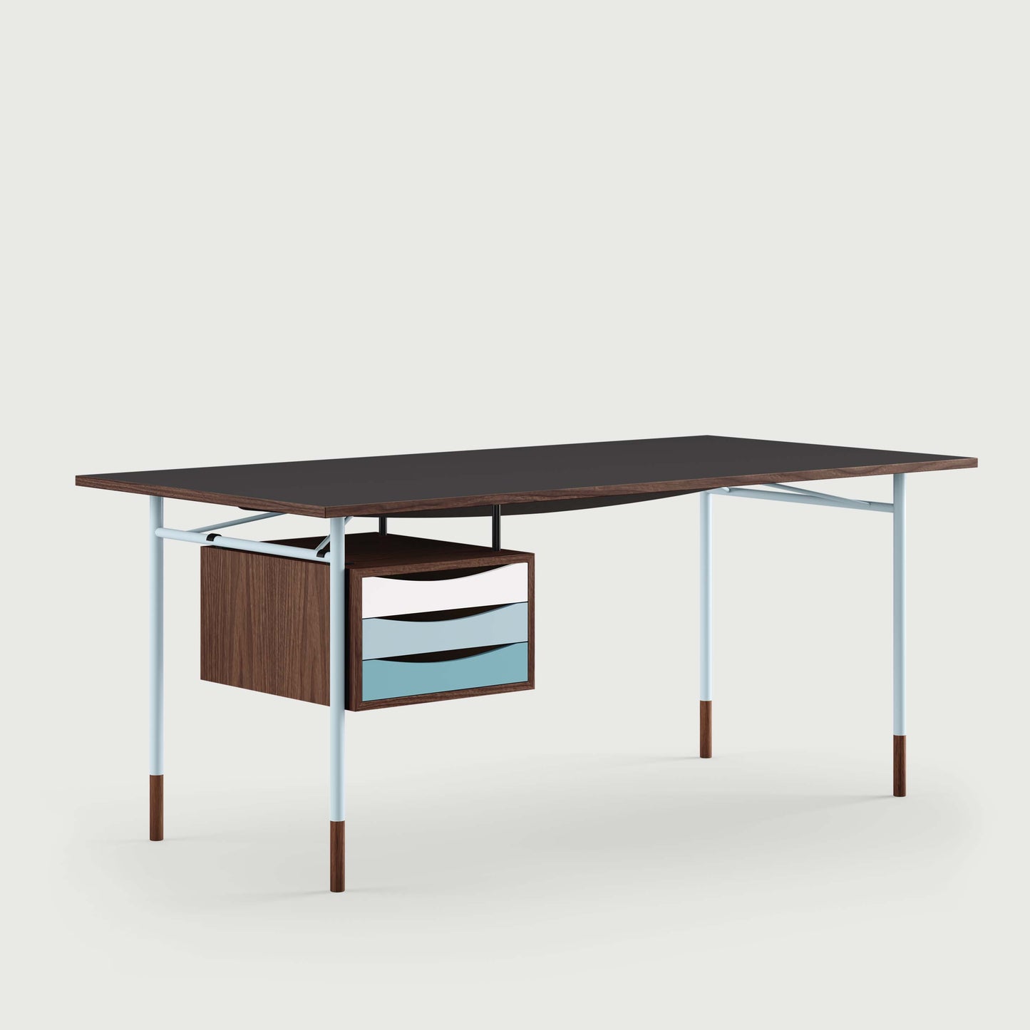 THE NYHAVN DESK W/ TRAY UNIT by House of Finn Juhl #Walnut / Black Linoleum/Light Blue / Cold Colours
