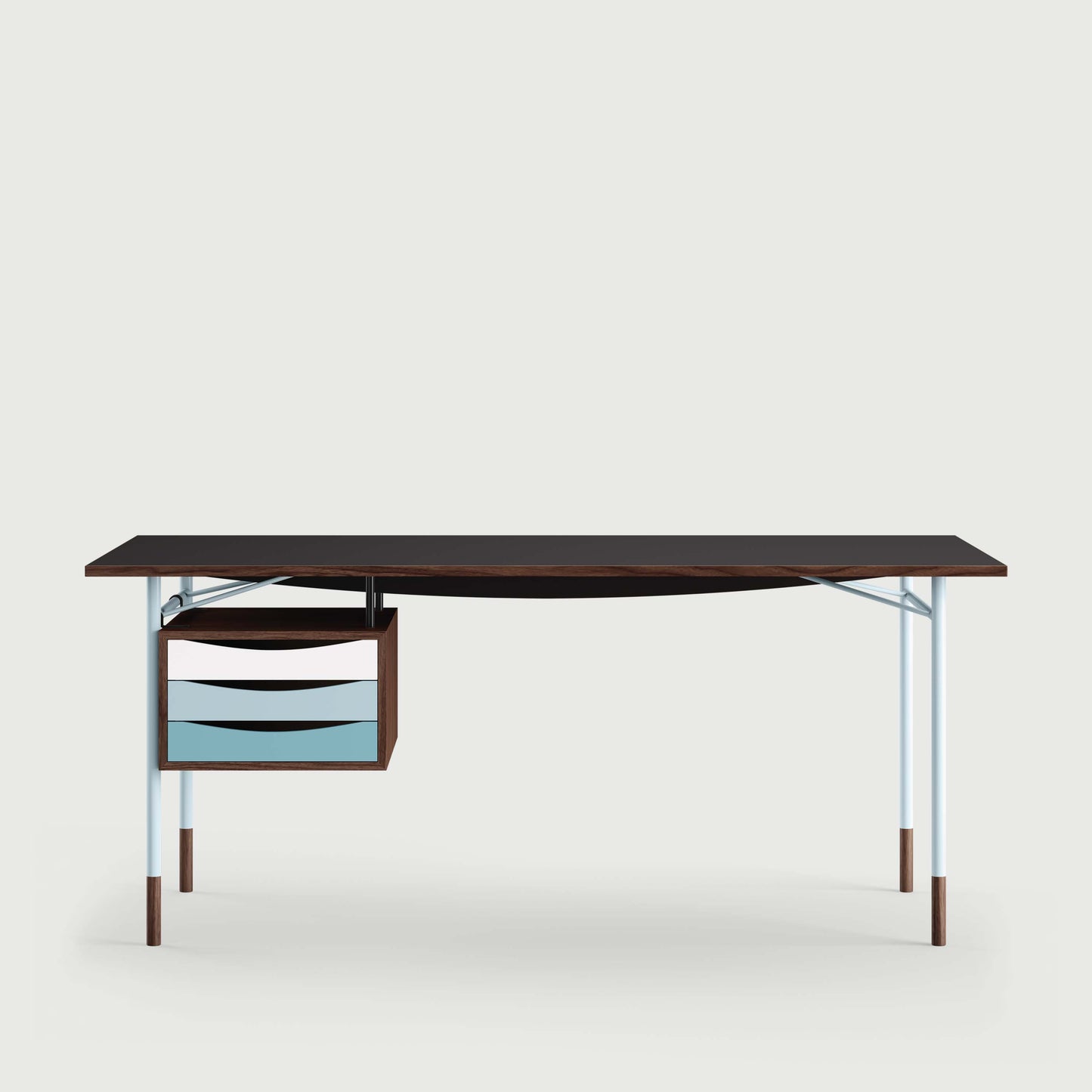 THE NYHAVN DESK W/ TRAY UNIT by House of Finn Juhl #Walnut / Black Linoleum/Light Blue / Cold Colours